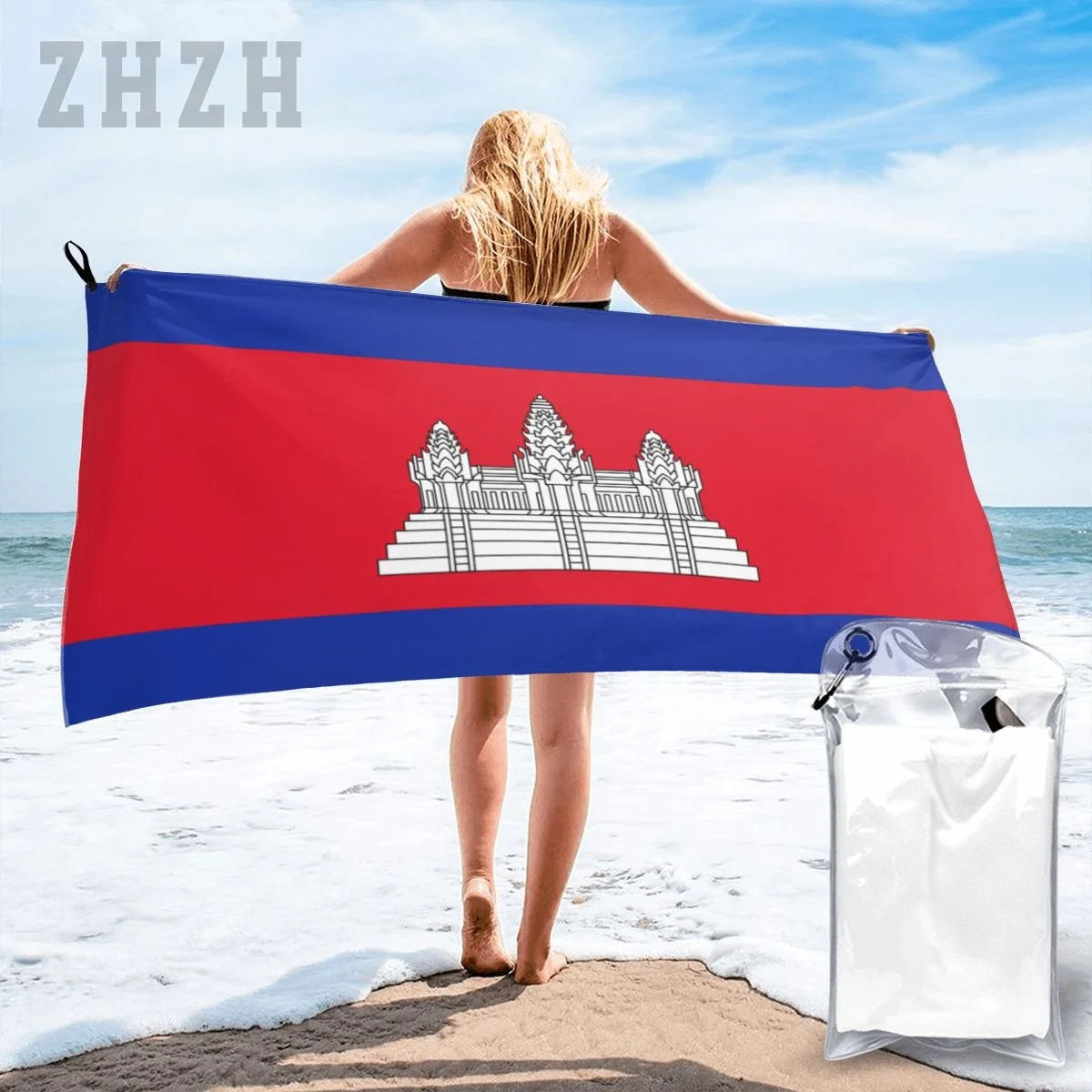 More Design Cambodia Flag Emblem Bath Towel Quick dry Microfiber Absorbing Soft Water Breathable Beach Swimming Bathroom