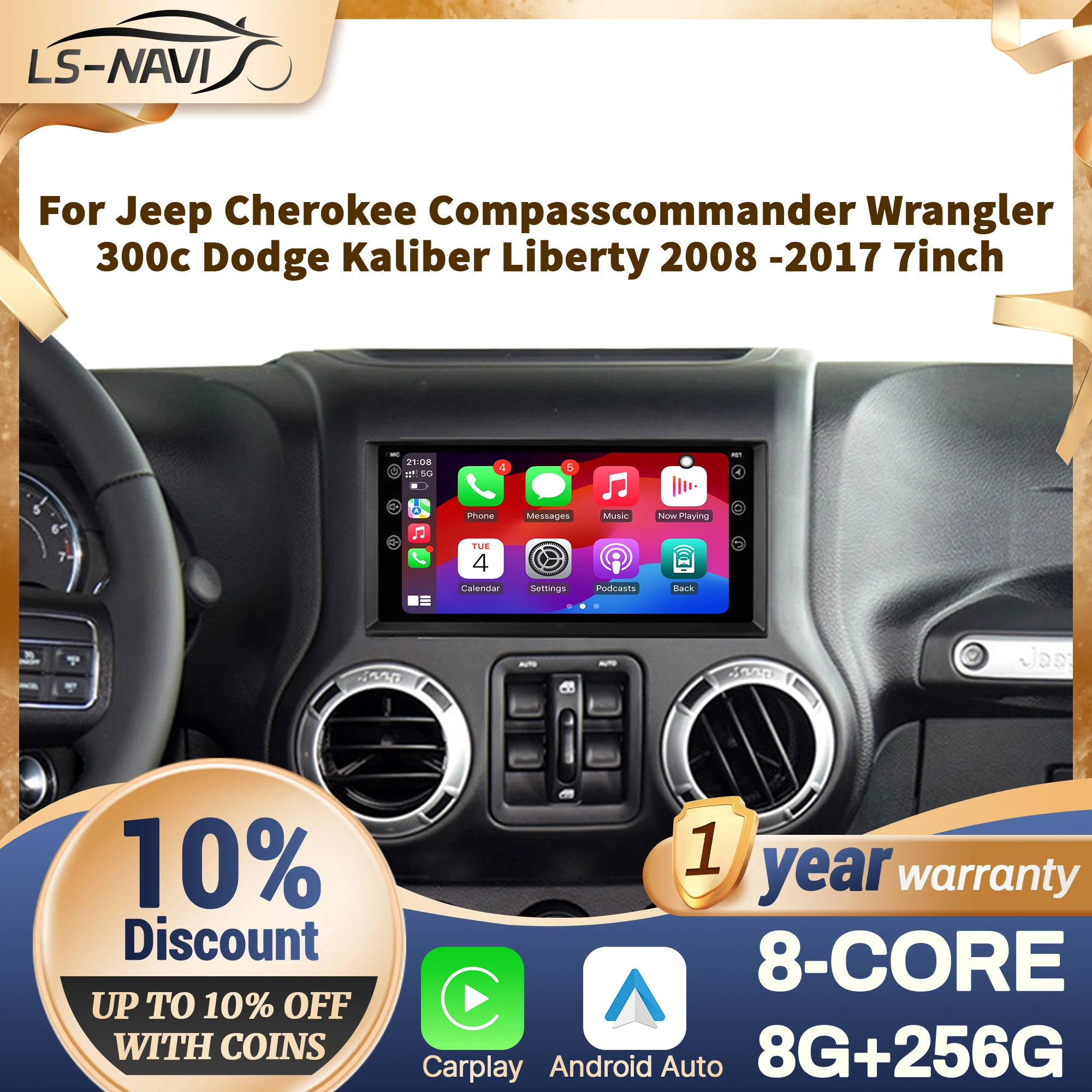 

7 Inch Car Radio Screen for Jeep Cherokee Compass Commander Wrangler 300C Dodge Kaliber Liberty 2008-2017 with Carplay