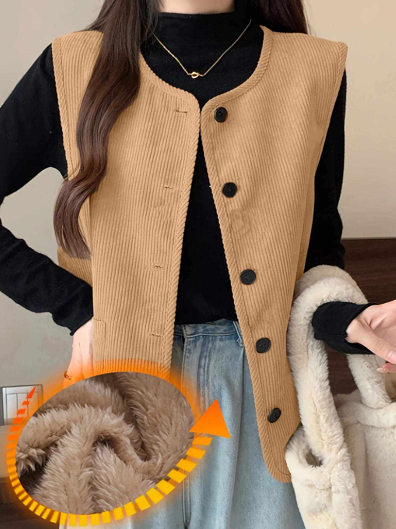 Women's Round Neck Single-Breasted Corduroy Fleece Lined Vest Retro Loose Layered Warm Sleeveless Waistcoat