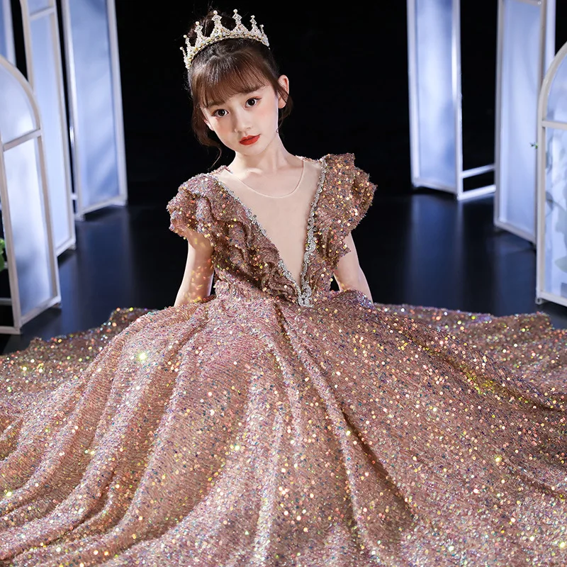 

Children's Formal Dress2025Summer New Sequin Girls' Host Show Evening Dress Piano Performance Costume