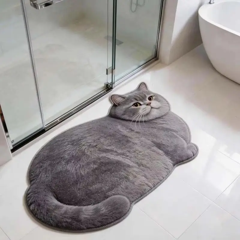 VIKAMA Special Pattern Tabby Cat Entry Rug, Soft Anti-Slip Bathroom Floor Mat, Shower Room Door Mat, Home Decoration