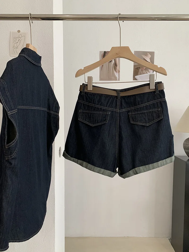 Summer Women Denim Sets Leisure Turn Down Collar Single Breasted Tops Rolled Edge Shorts with Belt Simple Commuter Vintage Suits