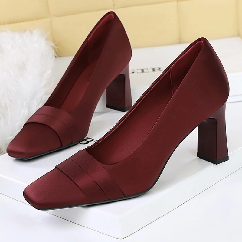 أحذية BIGTREE برأس مربع للنساء أحذية حريرية بكعب عالي فستان مأدبة مع أحذية وصيفة العروس بكعب مكتنز أحذية للسيدات جديد #3