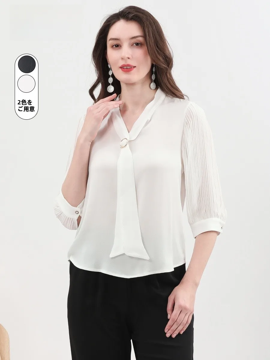 T.Zhudi Spring 2025 Women's Pure Color V-neck Belted Commute Seven-quarter Sleeve Chiffon Top Fashionable Business Style