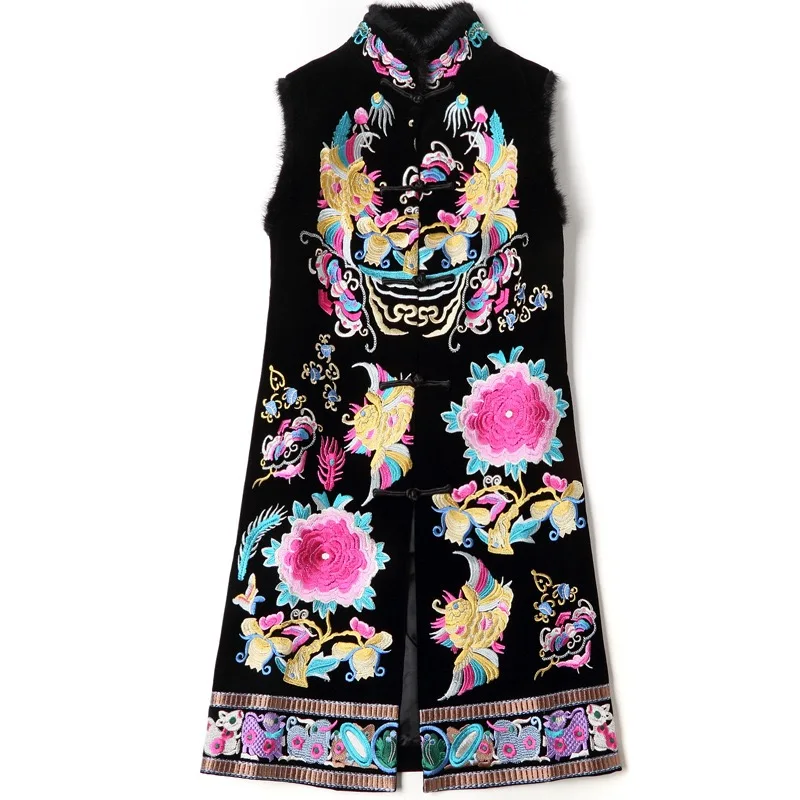 

Chinese Luna New Year Black Velvet Tank Dress Lady Qipao Embroidery