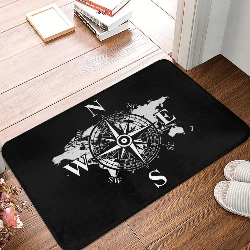 Compass With World Map Front Floor Door Entrance Mat Indoor Cardinal Points Of Earth Kitchen Bathroom Doormat Garage Carpet Rug