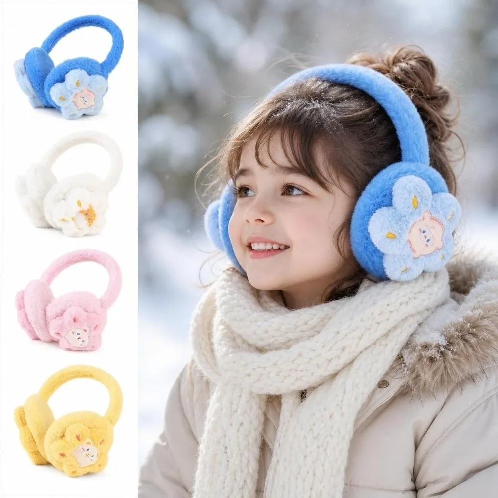 Soft Faux Fur Cartoon Flower Earmuffs Windproof Skin-Friendly Faux Rabbit Fur Ear Warmers Floral Pattern Thermal Lining