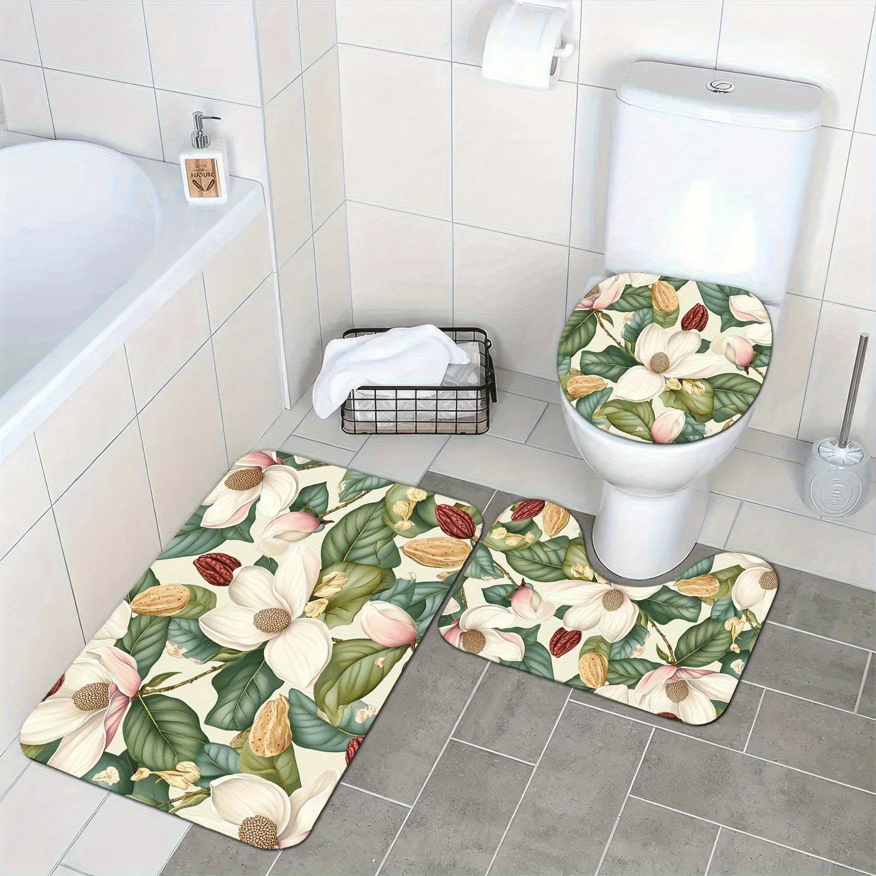 Luxurious Floral Botanical Bathroom Mat Set 3pcs Home Decor Bath Rug Slippers Toilet Floor Mat Spa Accessory Shower Mat