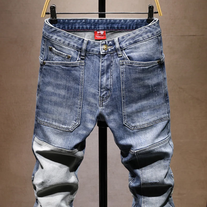 High Street กางเกงยีนส์แฟชั่นผู้ชาย Retro Blue ยืด Slim Fit Ripped กางเกงยีนส์ผู้ชายหลายกระเป๋า Hip Hop Y2K Denim Cargo กางเกง Hombre