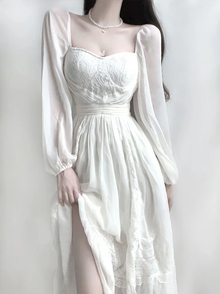 White Dress Spring and Summer New First Temperament Waist-Controlled Long