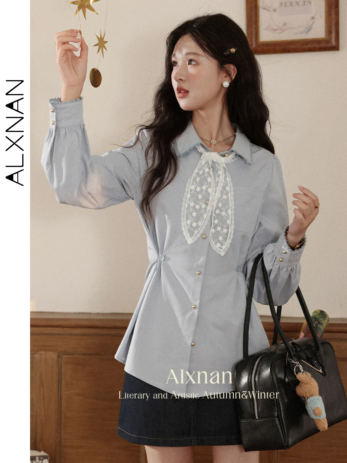 

ALXNAN Women's Blue Shirt Lapel Casual Long Sleeve Blouses Fall Office Lady Metal Button Lace Tie Waist Shirt Tops Female L56726