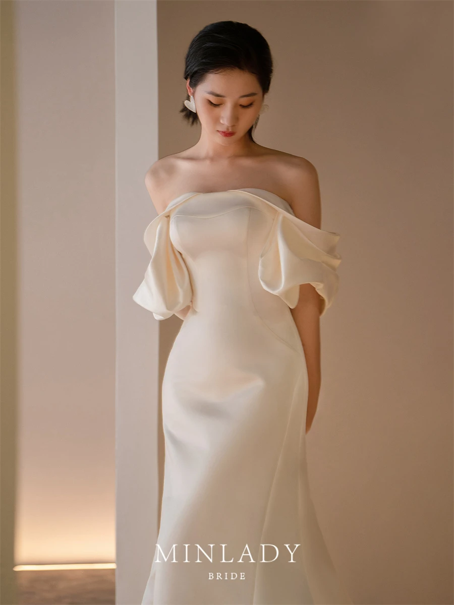 

Women White Satin Long Mermaid Ball Gowns Bride French Off Shoulder Wedding Dress Vestido De Noiva