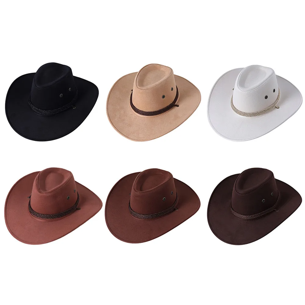 Men\'s Wide Brim Vintage Cowboy Hats with Adjustable Rope Outdoor Sun Hat Casual Solid Color Boater Hat Trilby Caps New