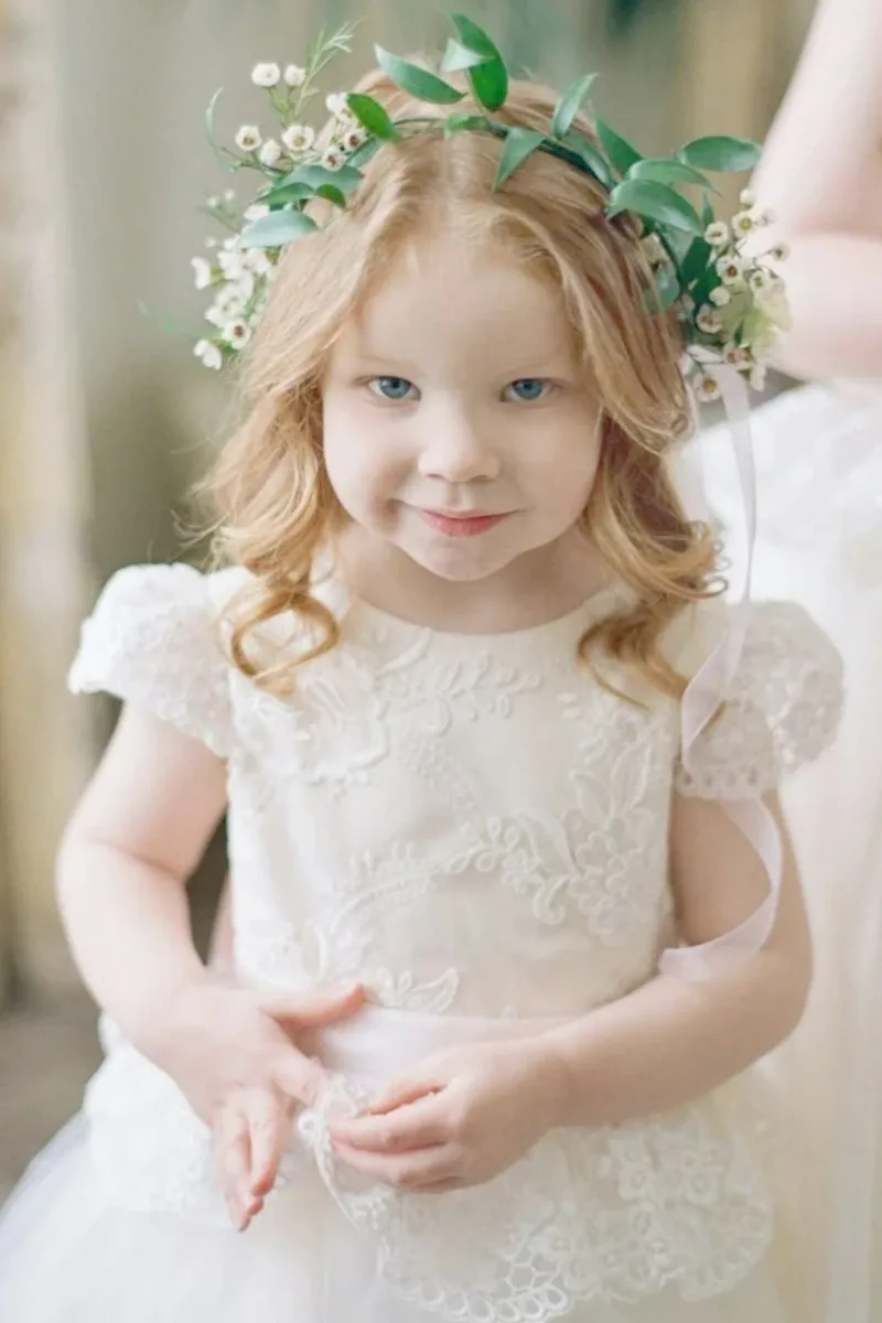 Vestido de niña de flores blancas, apliques de princesa, Mangas de casquillo con lazo rosa, aptos para fiesta de boda, cumpleaños, vestidos de primera comunión