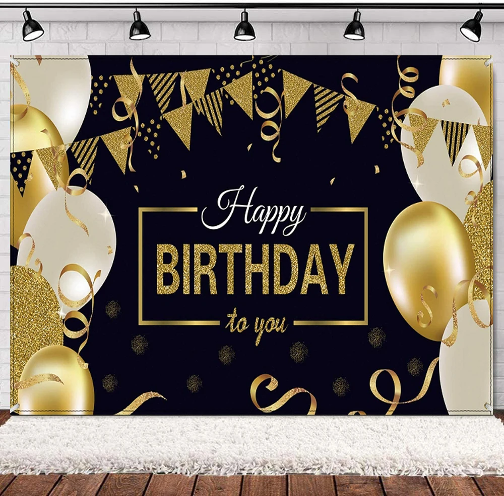 Happy Birthday Photography Backdrop Black And Gold Sign Poster For Men Women Party Photo Booth Background Banner Decor Supplies