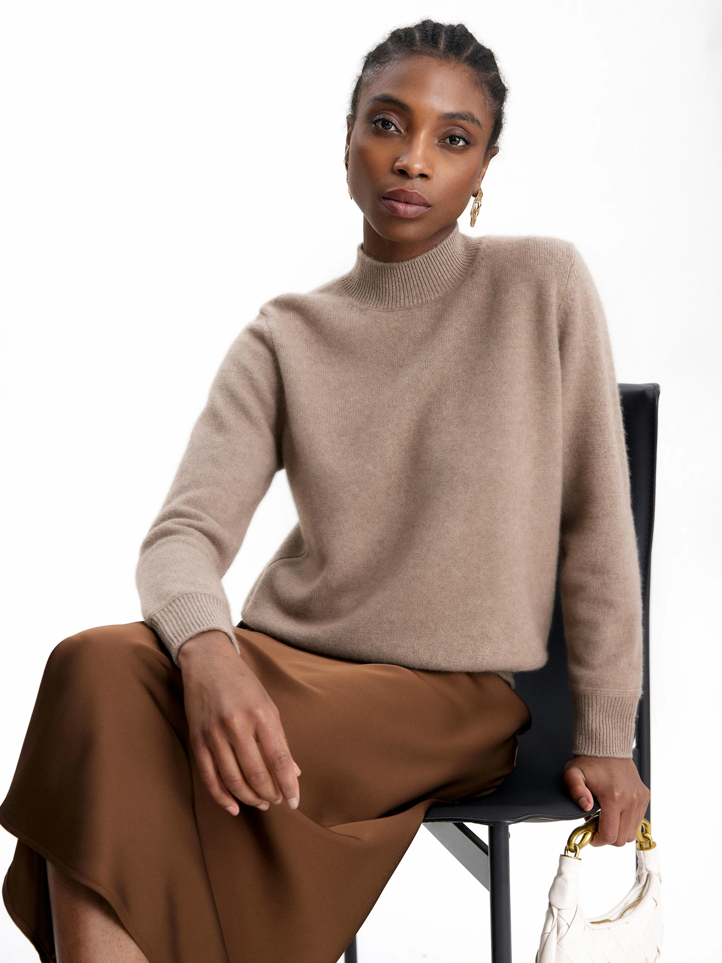 TLOML Women 100% Baby Cashmere Sweater Mock Neck Solid Pullover Autumn Winter Cashmere Knitwear Soft Warm Basic Comfy Thick Tops