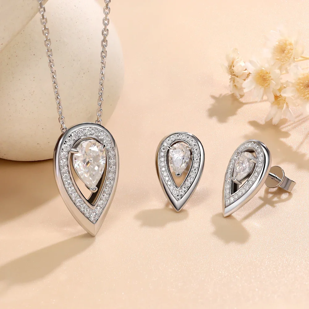 

M-JAJA 1.5ct Moissanite Drop Pendant Necklace Pear Cut Diamond Earrings S925 Sterling Silver Wedding Fine Jewelry Set for Women
