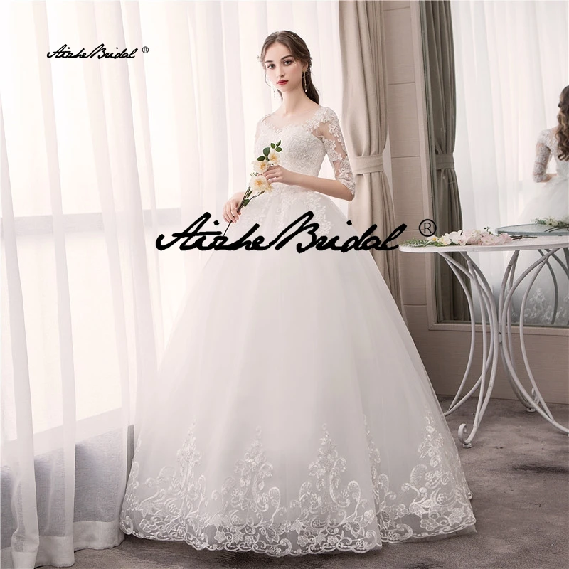 فستان الزفاف التطريز الدانتيل يصل حجم كبير مخصص س الرقبة فساتين الزفاف نصف كم الكرة ثوب رداء دي ماري