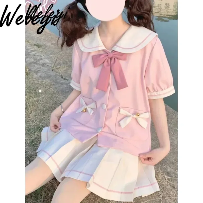 

Original Jirai Kei Set 2 Pieces Suit Summer New College Style Cute JK Uniform Short Sleeve Sailor Collar Top Short Pleated Skirt