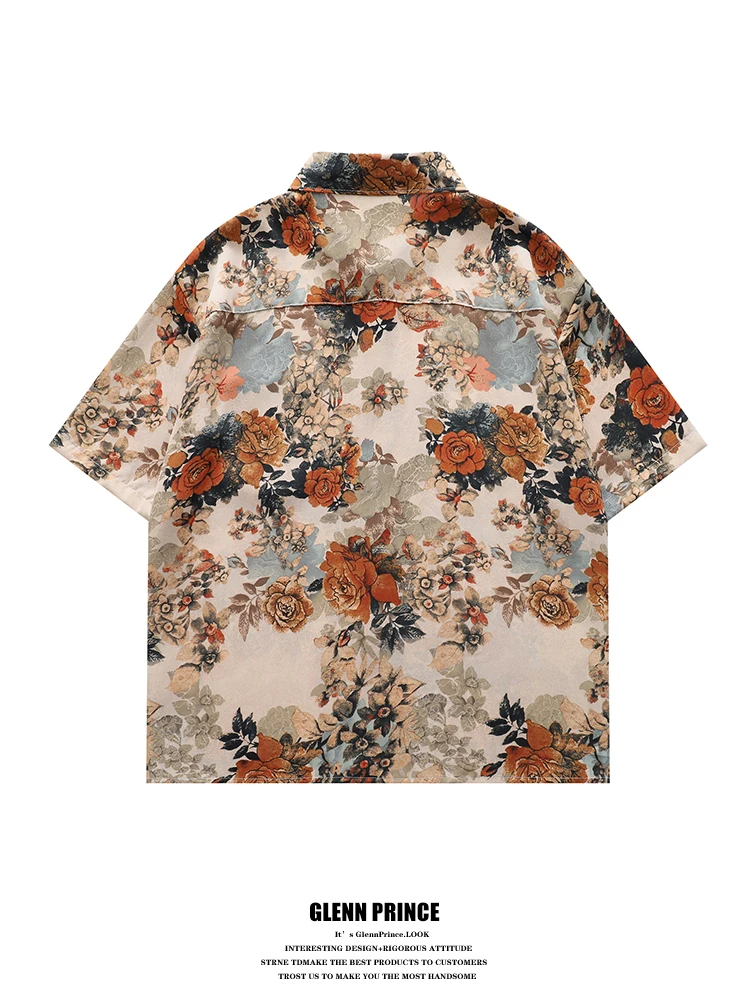GPstudio Men's Vintage Floral Print Short Sleeve Ice Silk Shirt Loose Fit Summer Trendy Casual Fashion Breathable Polyester