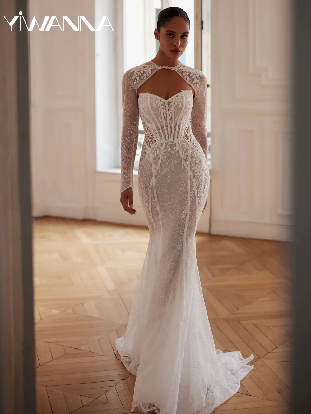 

Detachable Sleeve Beaded Lace Wedding Dress Glitter Mermaid Long Bridal Gown Customized Sweetheart Neck Dresses For Bride