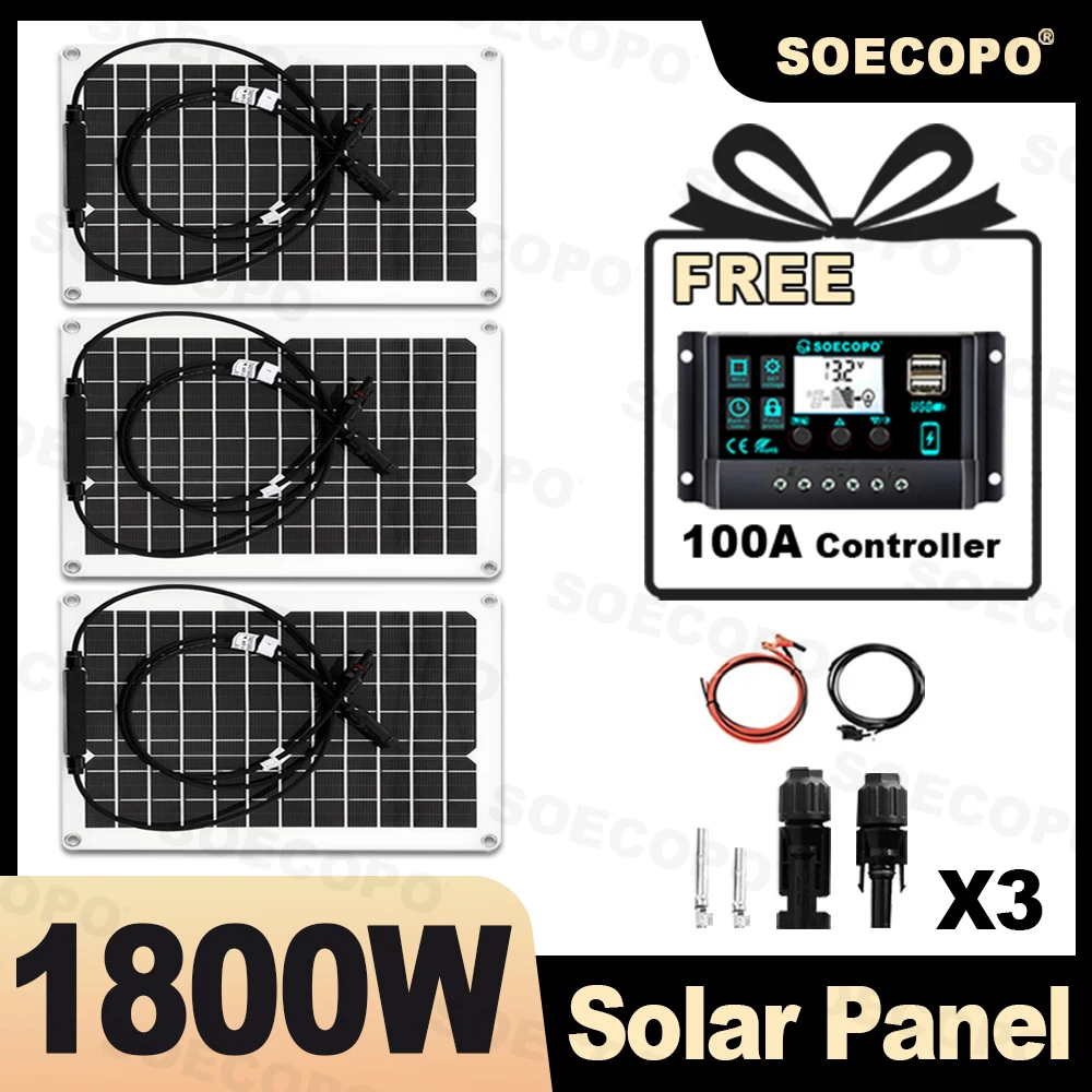 SOECOPO 1800W Solar Panel Kit - 3*600W Solar Panels Free 100A Controller USB 5V Great for Camping Equipment & Outdoor Trips