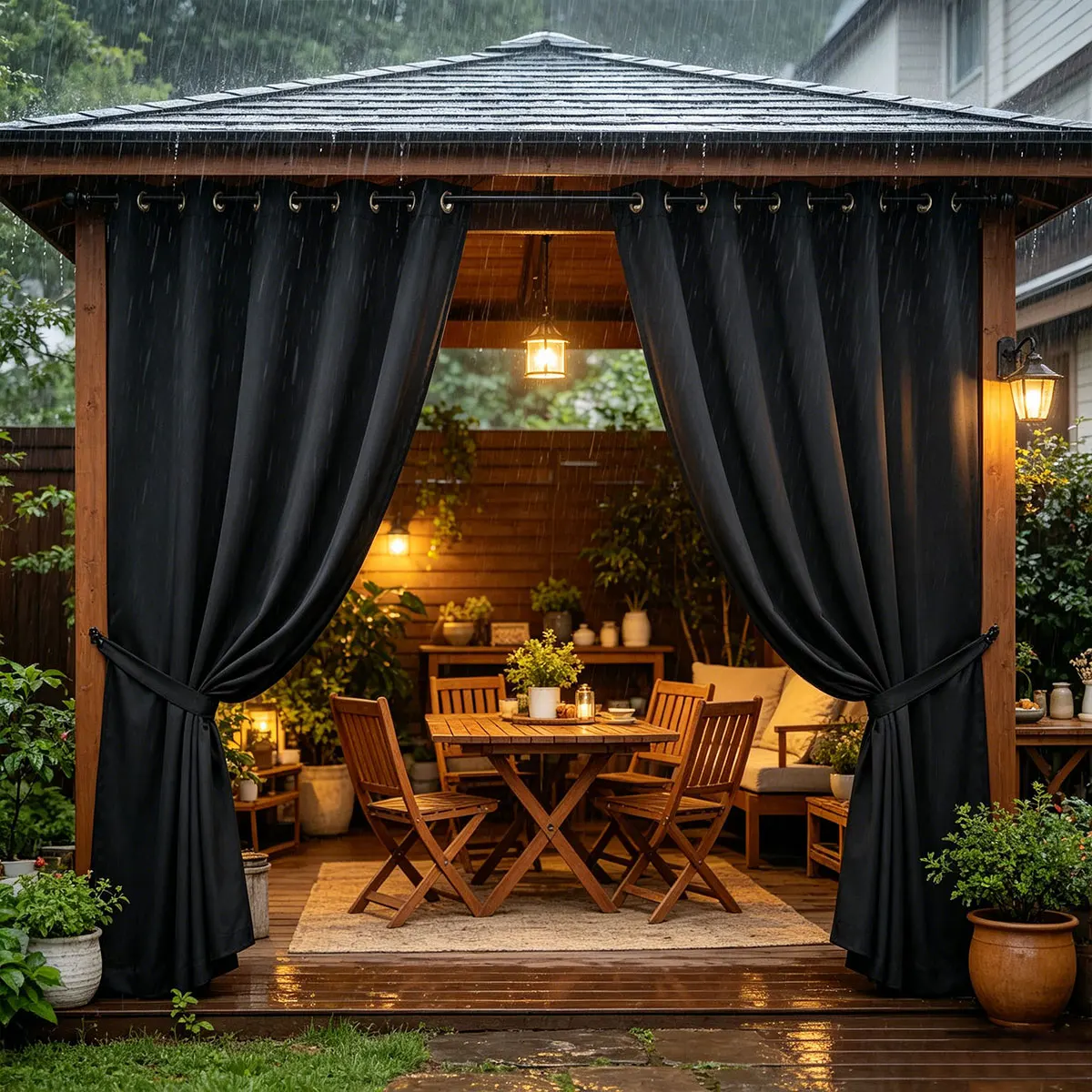 Black Waterproof Outdoor Curtains 2 Panels, Grommet Top High Density Light Blocking Privacy Pergola Patio Gazebo Drapes