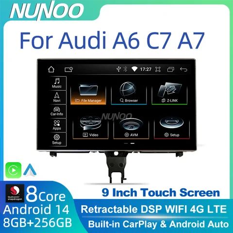 퀄컴 256GB 카플레이 아우디 A6 C7 A7 2012-2018 안드로이드 14 차량용 멀티미디어 플레이어 IPS 터치스크린 네비 GPS 4G WiFi DSP
