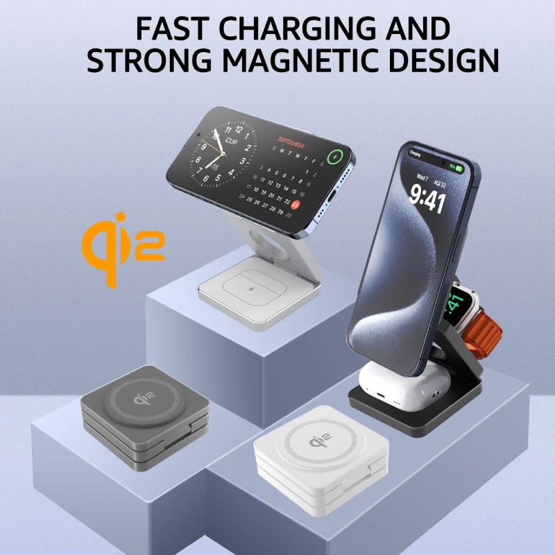 

Беспроводное зарядное устройство QI2 3 в 1, Магнитная подставка для iPone16 15 14 13 12Pro Max Airpods Pro iWatch9 8 7, док-станция для быстрой зарядки