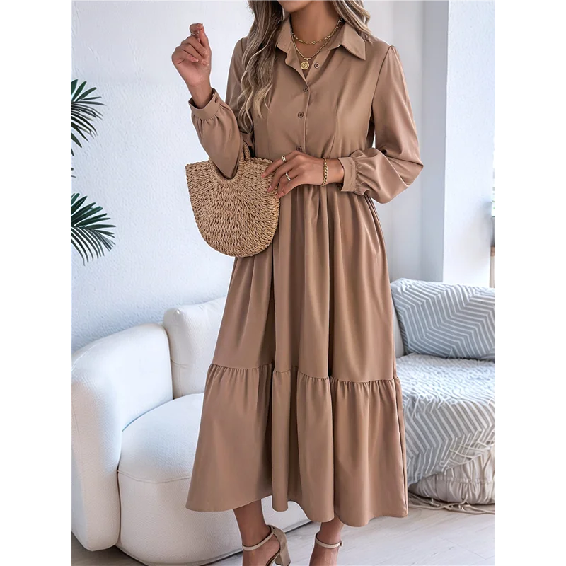 【Decorazione per feste】 Abito camicia casual da donna con maniche a 3/4 e bottoni, scollo a V, colletto a strati, maxi abito fluido