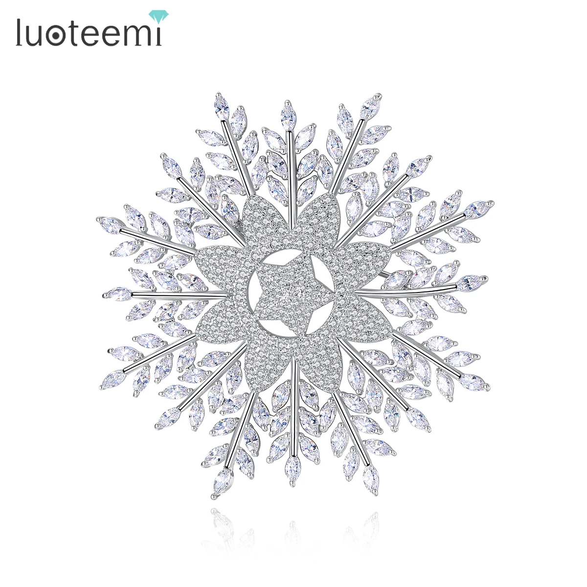 

LUOTEEMI Snow Flake Flower Cubic Zirconia Brooch Vintage Large Luxury Star Tiny CZ Paved Luxury Brooch Pin Women Accessories