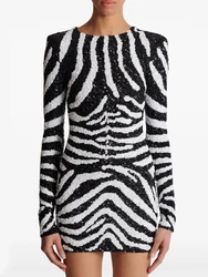 HIGH STREET Newest Fashion 2024 Designer Women's Round Neck Sparkling Zebra Print Dress