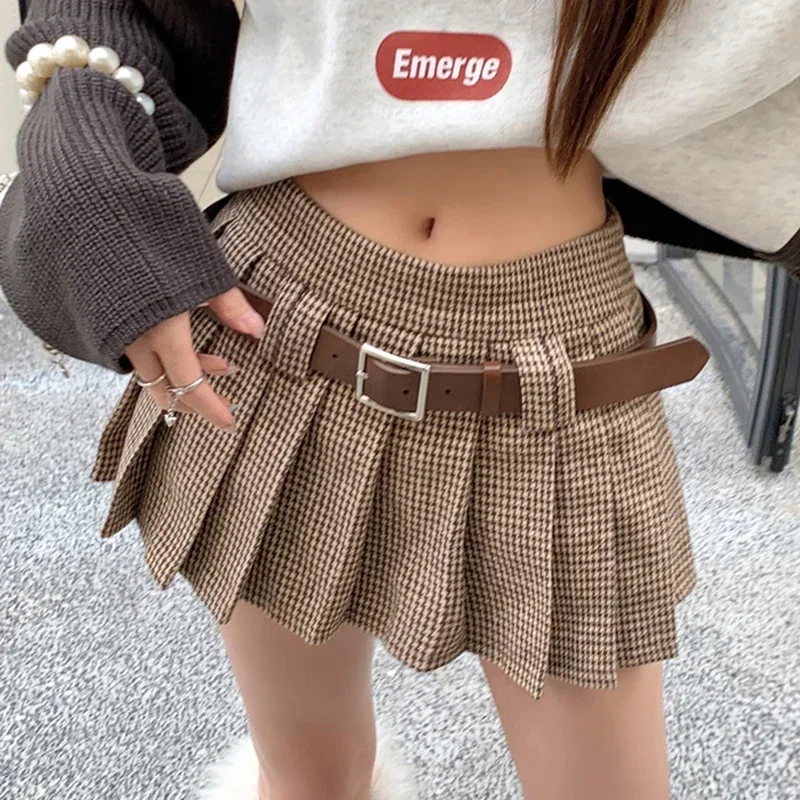Women's Houndstooth Pleated Mini Skirt Hihg Waisted Thick Wool Blend Skort Y2K Dark Academia Autumn Winter Preppy Style