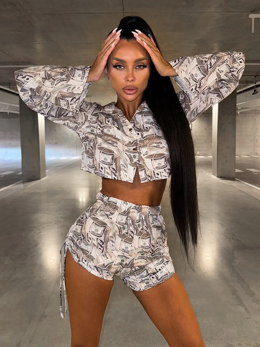 Marthaqiqi Printing Ladies Pajamas Set Long Sleeve Sleepwear Turn-Down Collar Nightie Crop Top Nightwear Shorts Nightgowns Suits