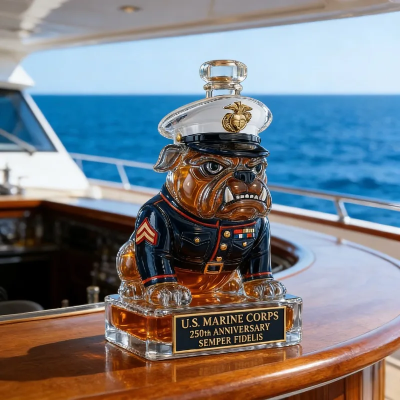 Patriotic U.S. Marine Corps Bulldog Decanter, Ideal 250th Anniversary Gift for Veterans