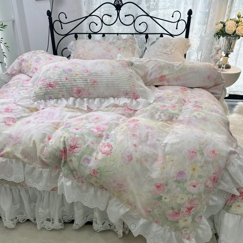 Korean Princess Style Watercolor Rose Print Ruffles 100% Cotton Bedding Set Duvet Cover Quilted Lace Bedspread Pillowcase 4Pcs