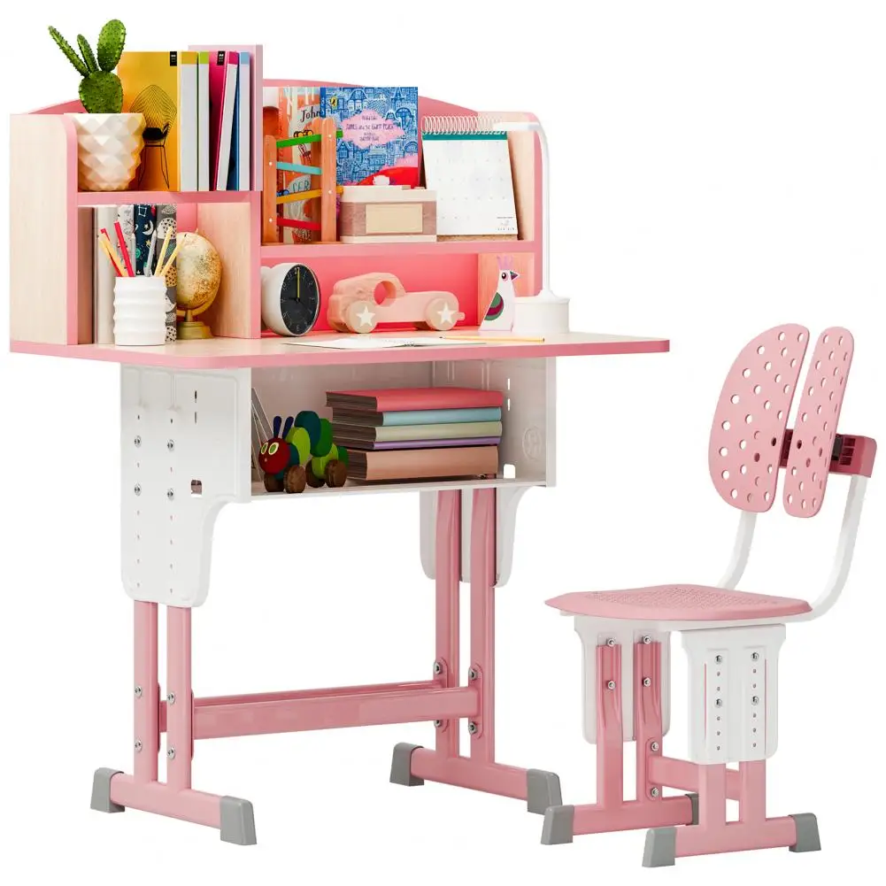 

Набор из 2 предметов: стол и стул, регулируемая по высоте, с четырьмя разделителями для книг, крючком для рюкзака, подставкой для чашки, розовый цвет.