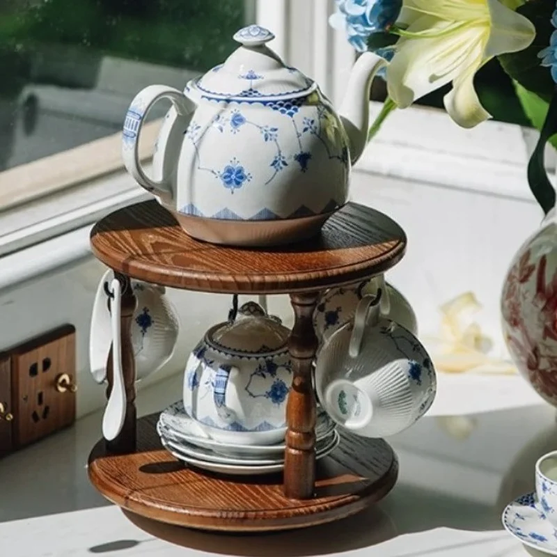 Vintage Cup Holder Rotatable Double-layer Round Platform Side Hooks Mug Holder Teapot Storage Display Stand Europe Kitchen Bar