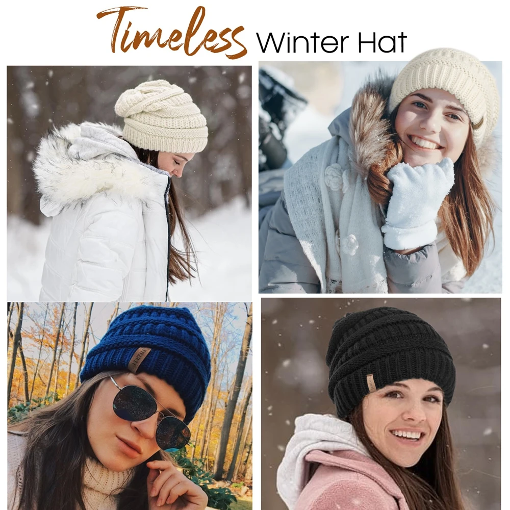 FURTALK موضة صوف مبطن قبعات صغيرة دافئة المرأة مترهل تصميم مزدوج الطبقات C-نمط محبوك قبعة تزلج على شكل جمجمة الشتاء البارد #3