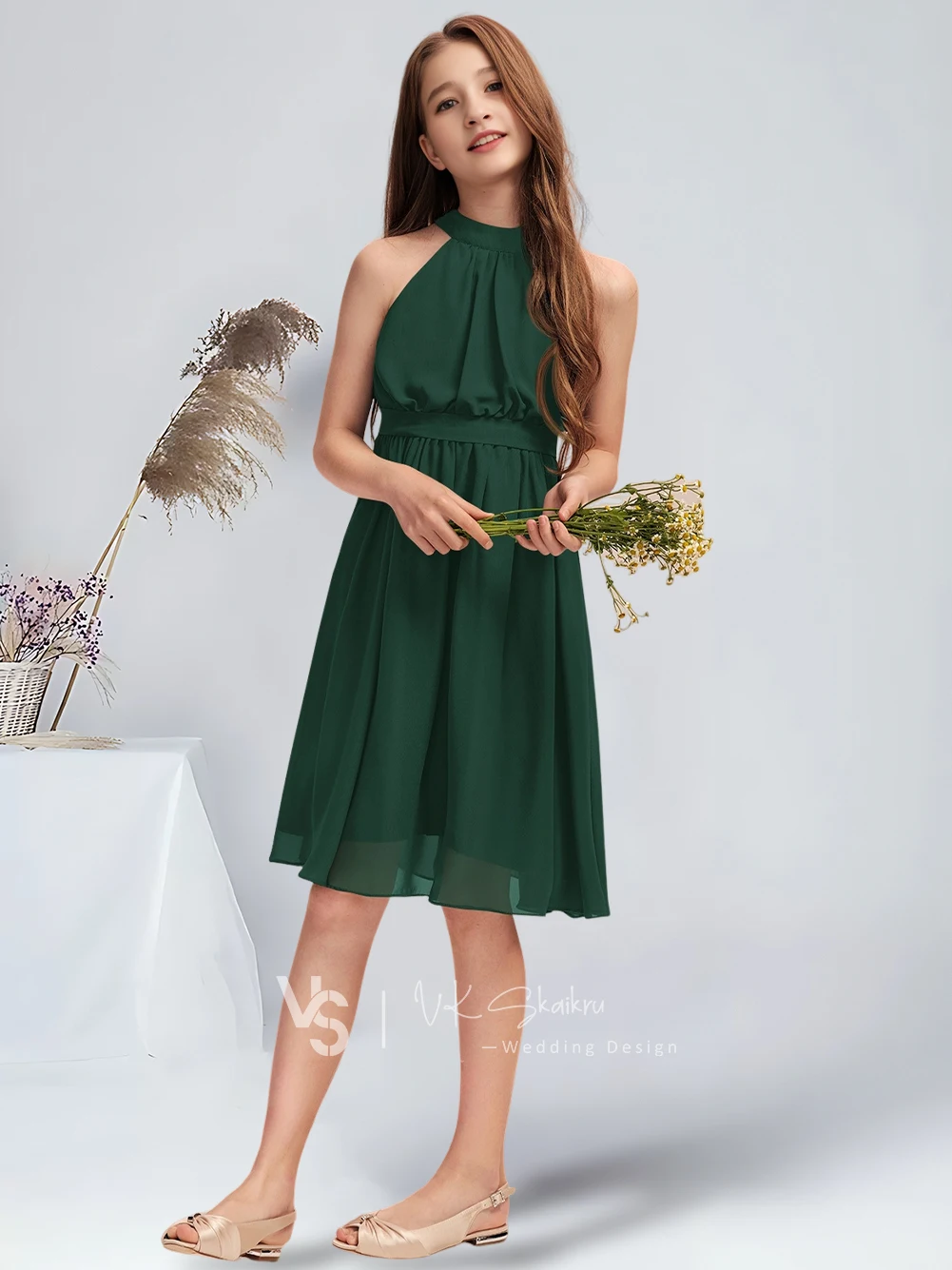 Vestido de dama de honor Junior de gasa con cuello Halter hasta la rodilla, vestido plisado de flores verde oscuro para boda y comunión