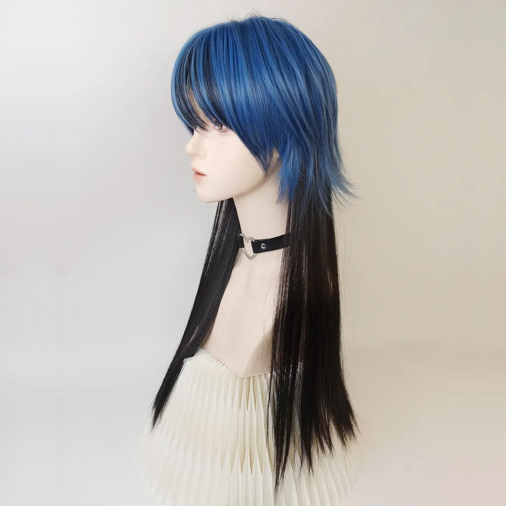 

Jellyfish head wig curly hair blue full head cover female long hair blue and black gradual change age reduction subculture sweet