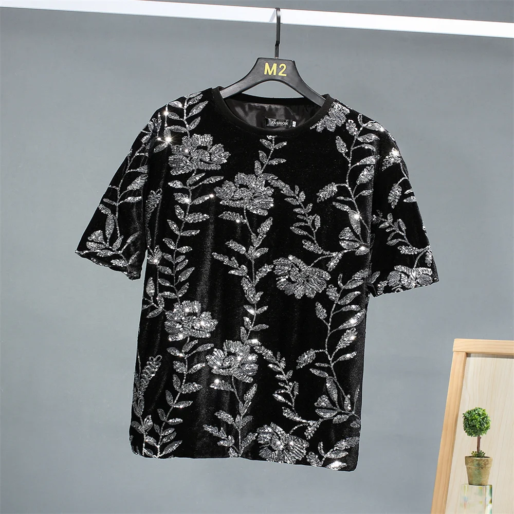 Luxury Flower Silver Sequin Short Sleeved Men T-shirts Club Dancer Prom Round Neck Loose Men's Tshirt Plus Size Trend Tee Tops