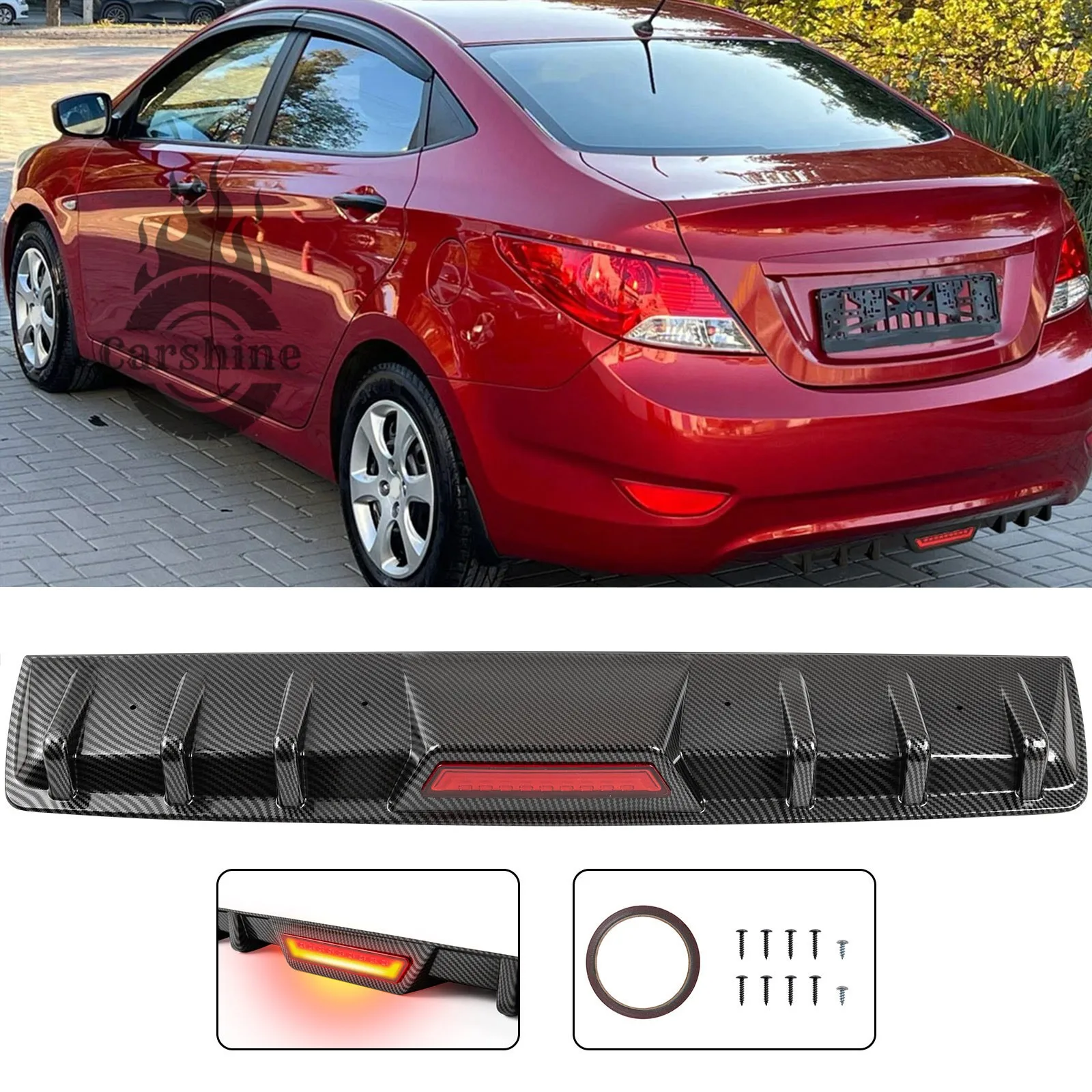 

Диффузор заднего бампера с LED-подсветкой стоп-сигналов и спойлером для Hyundai Accent 2012 года