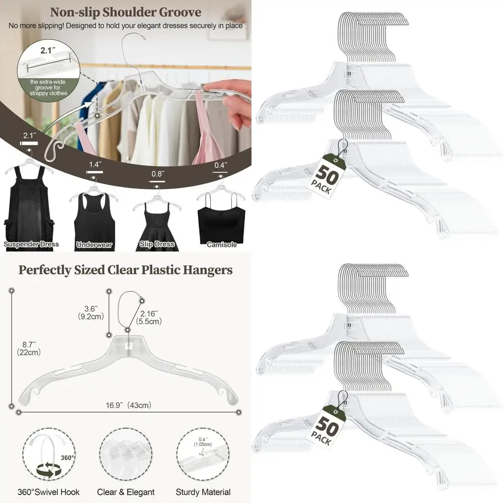 

Упаковка из 50 прозрачных пластиковых вешалок для тяжелых условий эксплуатации с 360° ° Поворотные и нескользящие функции для различной одежды.