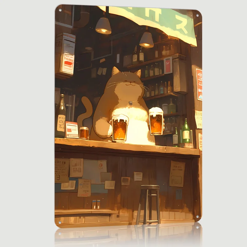 Cat At the Bar Printed Poster Custom Wall Art Retro Vintage Metal Tin Signs for Room Gamer Decoration Gaming Setup Decorations