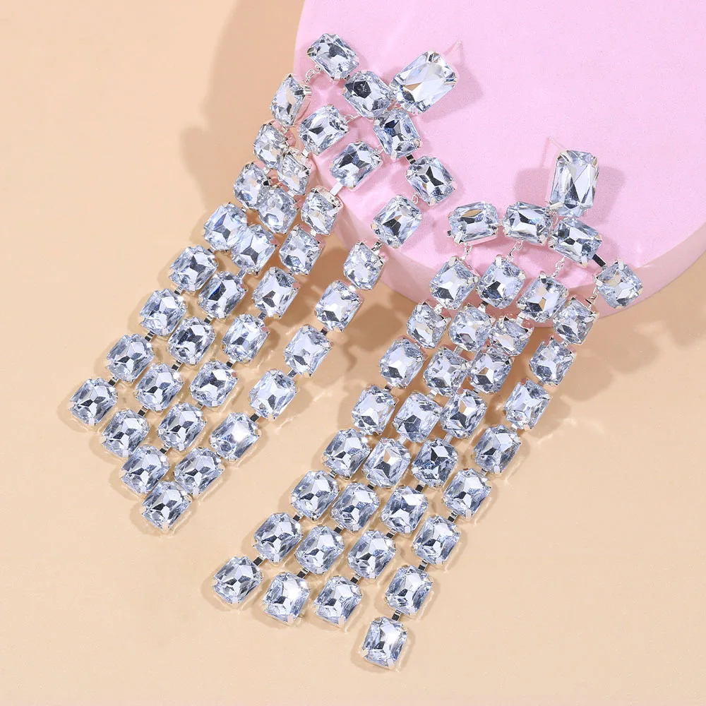 Exaggerated Big Square Zircon Tassel Earrings for Women Clear Crystal Statement Long Hanging Earrings Wedding Jewelry