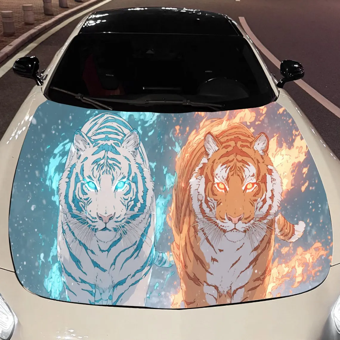 

Печать Ice and Fire Twin Tigers, наклейки на капот автомобиля, водонепроницаемая самоклеящаяся наклейка на капот автомобиля из ПВХ, защита украшения капота автомобиля