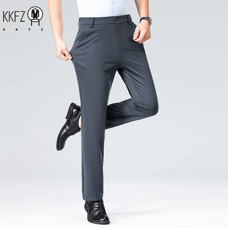 Wrinkle Free Male Commuting Long Pants High Elasticity Woven Fabric Logo Waistband Single Back Pocket Office Daily Wear Slacks