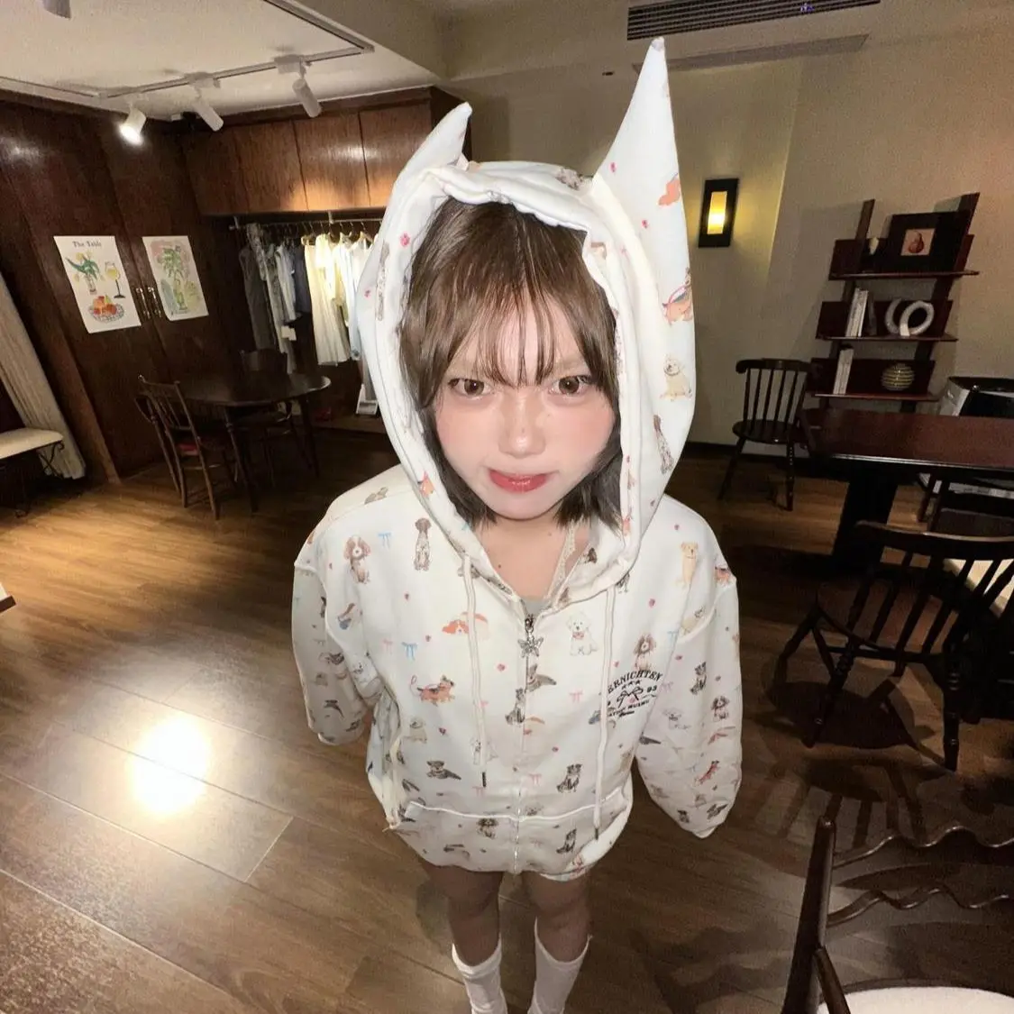 Chaquetas con capucha y cremallera Harajuku, sudaderas de gran tamaño, abrigos coreanos Y2K, lindo cachorro, perro, estampado completo, Tops de dibujos animados, dulce estilo Preppy