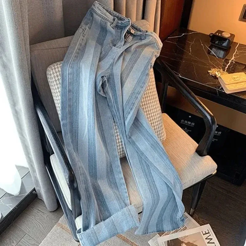 Design Sense Niche Stripe Design Sense Fashion Wide-leg Jeans Female  Summer High Waist Drape Loose Wild Straight Button Pants